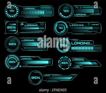 HUD Laden Fortschrittsbalken, Sci Fi-Schnittstelle, Vektor digital futuristische Elemente für Dashboard, Technologie-Stil neon glühende ui-Navigation für Spiel mich Stock Vektor
