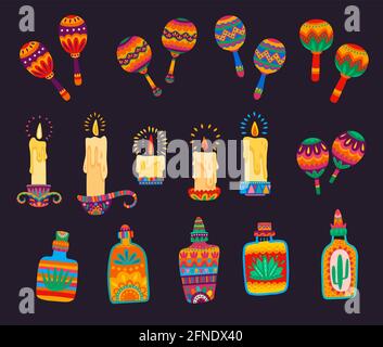 Mexikanische Cartoon-Maracas, Kerzen und Tequila-Flaschen mit Vektor ethnischen Ornamenten von hellen Blumen, Kakteen und Agaven Blätter, brennendes Feuer Flammen und Stock Vektor
