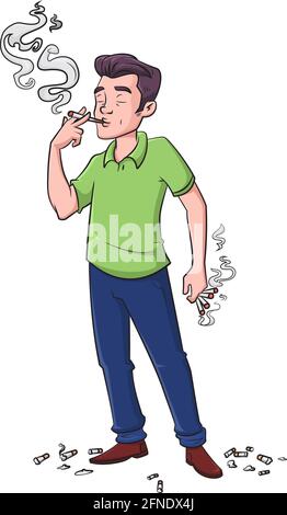 Cartoon-Vektor-Illustration eines Mannes Kette Rauchen Zigaretten mit Hintern Stock Vektor