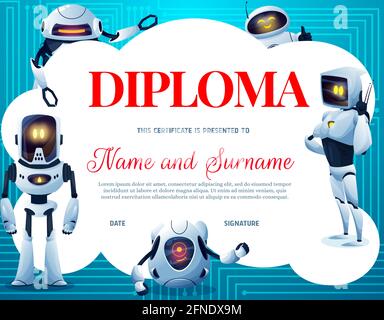 Kinder Diplom, Cartoon-Roboter und Motherboard. Bildungszertifikat, Kindergarten, Roboterclub für Kinder oder Vektorvorlage für Schulabschlusszeugnis. Künstlichkeit Stock Vektor