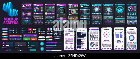 Graphic Big Collection UI, UX, KIT-Elemente. App-Screens Mockups zum Thema - Business Analytics, Gesundheit, Sport, Finanzbörsen-Handel Stock Vektor