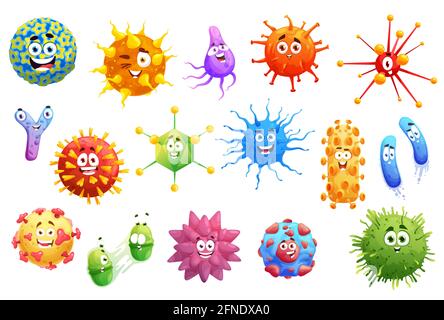 Cartoon-Viren, Mikroben und Bakterien Vektorfiguren. Niedliche Keime mit lustigen Gesichtern. Lächelnde pathogene Monster mit großen Augen und Auswüchsen, Colorfu Stock Vektor