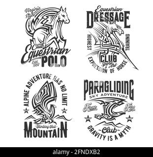 T-Shirt Prints mit Pferd und Adler, Vektor-Maskottchen für Reiten, Klettern und Gleitschirmfliegen Clubbekleidung Design. Isolierte Etiketten mit Typografie. Mono Stock Vektor