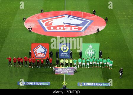 Die Vortragsteams vor dem Spiel während der französischen Meisterschaft Ligue 1 Fußballspiel zwischen LOSC Lille und AS Saint-Etienne am 16. Mai 2021 im Pierre-Mauroy-Stadion in Villeneuve-d'Ascq bei Lille, Frankreich - Foto Laurent Sanson / LS Medianord / DPPI Stockfoto