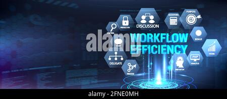 Workflow-Effizienz für horizontale Banner mit Symbolsatz und Aspekten. Hologramm mit 3D-Workflow-Beschriftung. Webbanner. Prozesse, Automatisierung Stock Vektor