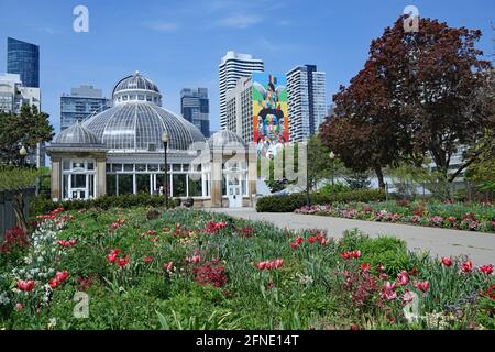 Toronto, Kanada - 16. Mai 2021: Ein großes altes Gewächshaus in einem öffentlichen Park in der Innenstadt von Toronto, Allan Gardens. Stockfoto