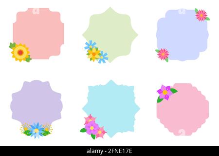 Pastell-Aufkleber mit Blumen und Blättern flache Vektor für Preisschilder und Werbeangebote. Florale Design-Elemente für Geschenkverpackung, Retro-Stil. Notizbücher und Notizen Stock Vektor