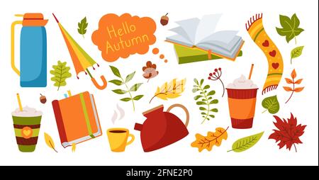 Herbst handgezeichnete trendige gemütliche Cartoon-Set. Bunte flache Herbst verlassen, Regenschirm, Teekannen Tasse, Getränk Buch, Doodle Aufkleber Icon Kollektion. Scrapbook Sammlung von Herbst Saison Element.Herbst Vektor-Karte Stock Vektor