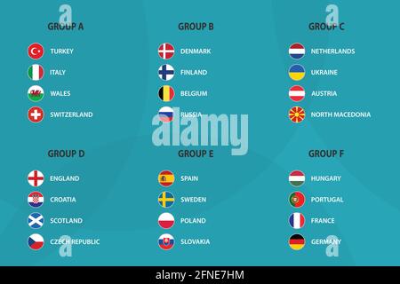 Europäisches Fußballturnier in allen Gruppen. 2020 Euro Fußballmeisterschaft Flagge Stock Vektor