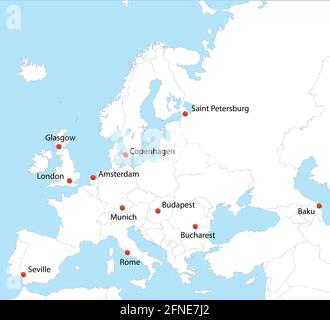 Karte von Europa mit europäischen Turnierstädten. Vektorgrafik Stock Vektor