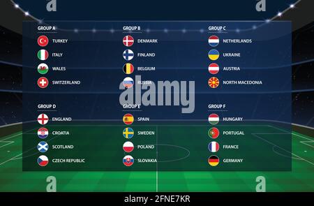Europäisches Fußballturnier in allen Gruppen. 2020 Euro Fußballmeisterschaft Flagge Stock Vektor