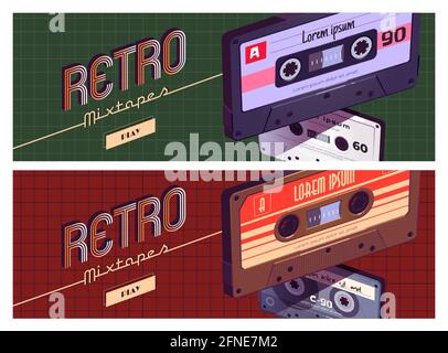 Retro-Mixtapes Cartoon-Banner, Audio-Plattenspieler online oder mobile Anwendung mit Mix-Tapes-Kassetten. Disco, Multimedia-Wiedergabe, Service zum Musikhören, Vector Web-Header Stock Vektor