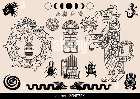 Azteken- und maya-Ornamente, alte mexikanische Stammesmuster. Ethnische einheimische Kunst. Vektor-Set von traditionellen mexikanischen indischen geometrischen Illustrationen mit Tieren und Totems Stock Vektor