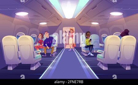 Die Menschen reisen mit dem Flugzeug. Passagiere, die an komfortablen Sitzen im erstklassigen Bereich sitzen, entspannen, Musik hören und in das Fenster schauen. Männer und Frauen im Flugzeug Bord, Flug, Cartoon-Vektor-Illustration Stock Vektor