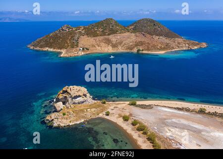 Luftaufnahme der Bucht von Grikos, Patmos, Griechenland Stockfoto