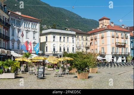 Gastronomie, Altstädter Ring, Piazza Grande, Locarno, Kanton Tessin, Schweiz Stockfoto