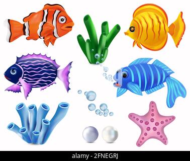 Unterwasserwelt, tropische Fische. Clownfische, Addis-Butterfische, Seesterne, Algen. Zeichentrickfigur. Vektorgrafik. Stock Vektor