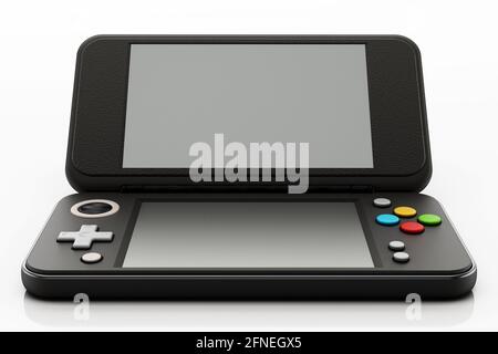 Vintage-Handheld-Spielkonsole auf weißem Hintergrund isoliert. 3D-Illustration. Stockfoto