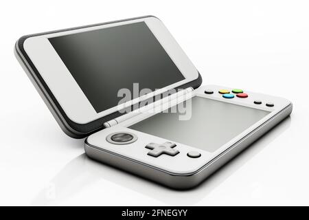 Vintage-Handheld-Spielkonsole auf weißem Hintergrund isoliert. 3D-Illustration. Stockfoto