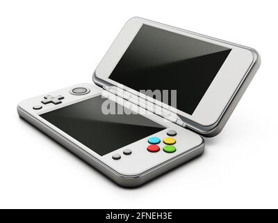 Vintage-Handheld-Spielkonsole auf weißem Hintergrund isoliert. 3D-Illustration. Stockfoto