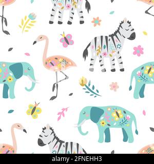 Safari kindisch nahtloses Muster. Niedlicher Zebra-Elefant und Flamingo. Kreative Textur für Stoff, Textil Stock Vektor