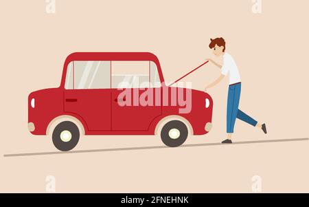 Rotes altes Auto brach zusammen, junger Fahrer repariert Stock Vektor