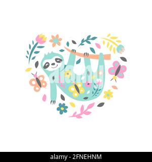 Faultier mit Blumen und Schmetterlingen auf Weiß. Kindisch niedlichen Druck für Karte und Poster. Vektorgrafik Stock Vektor