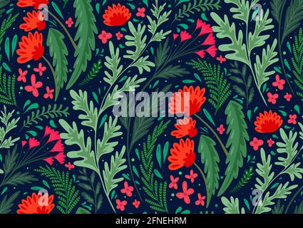 Nahtloses, flaches Naturmuster mit Kräutern und Blumen der Felder auf blauem Hintergrund. Tapete mit Mohn, Wermut, Fenchel und Butterblumen. Stoff w Stock Vektor