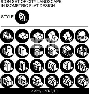 Symbol der Stadtlandschaft in isometrischem Flachdesign mit schwarzen Linien, weißen Füllungen, Form eines Schattens des Weißen auf einem Kreis aus schwarzer Linie und schwarzem Fil Stock Vektor