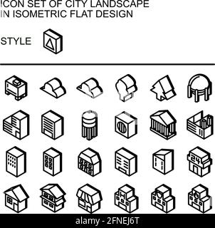Symbol für die Stadtlandschaft in isometrischem, flachem Design mit schwarzen Linien, weißen Flächen und Schlagschatten. Stock Vektor