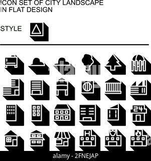 Symbol für die Stadtlandschaft in flachem Design mit weißen Linien, schwarzen Fills und flachem Schatten. Stock Vektor
