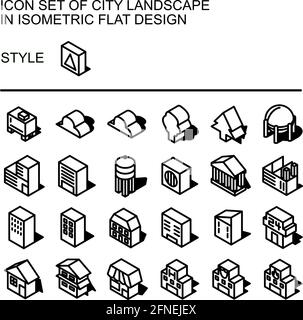 Symbol für die Stadtlandschaft in isometrischem, flachem Design mit schwarzen Linien, weißen Füllungen und Schattenform. Stock Vektor