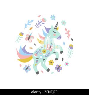 Einhorn mit Blumen und Schmetterlingen auf weiß. Kindisch niedlichen Druck für Karte und Poster. Vektorgrafik Stock Vektor