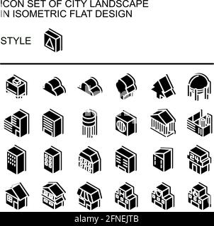 Symbol für die Stadtlandschaft in isometrischem, flachem Design mit weißen Linien, schwarzen Flächen und Schlagschatten. Stock Vektor