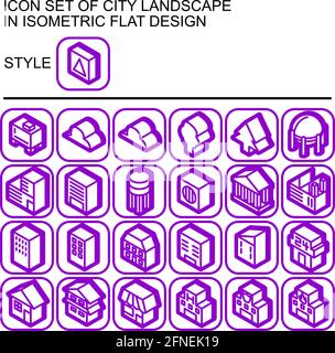 Symbol für die Stadtlandschaft in isometrischem, flachem Design mit violetten Linien, weißen Füllungen, violetten Umrissen, Schlagschatten des Lila auf einem runden violetten Quadrat Stock Vektor