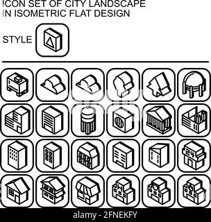 Symbol für die Stadtlandschaft in isometrischem, flachem Design mit schwarzen Linien, weißen Füllungen, Schlagschatten auf einem runden Quadrat aus schwarzen Linien und weißem Hintergrund. Stock Vektor