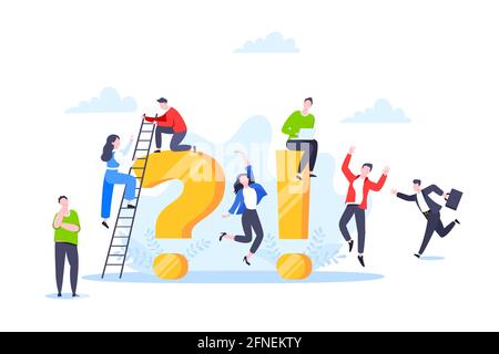 Q- und A- oder FAQ-Konzept mit winzigen Personen-Charakteren, großen Fragen und Ausrufezeichen. Stock Vektor