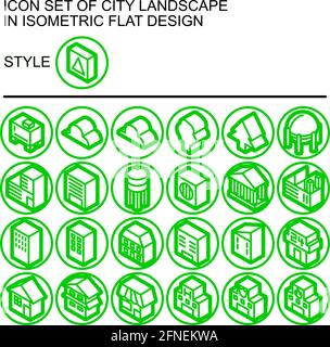 Symbol für die Stadtlandschaft in isometrischem, flachem Design mit grünen Linien, weißen Füllungen, grüner Umrandung auf einem Kreis aus grünen Linien und weißem Hintergrund. Stock Vektor