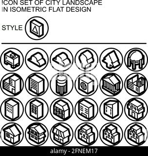 Symbol für die Stadtlandschaft in isometrischem, flachem Design mit schwarzen Linien, weißen Füllungen, schwarzer Umrandung auf einem Kreis aus schwarzen Linien und weißem Hintergrund. Stock Vektor