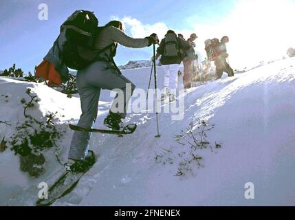 Schneeschuhwandern wird auch in deutschen Wintersportgebieten, hier oberhalb des Schliersee, immer beliebter.n Stockfoto