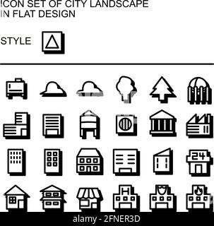 Symbol für die Stadtlandschaft in flachem Design mit schwarzen Linien, weißen Flächen und Schlagschatten. Stock Vektor