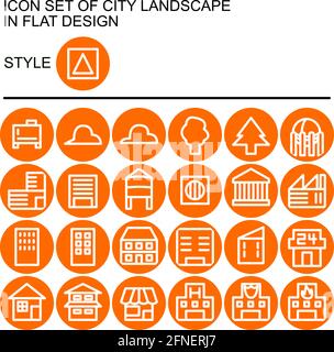 Symbol für die Stadtlandschaft in flachem Design mit weißen Linien, orangefarbenen Flächen auf einem Kreis aus orangefarbenen Linien und einem orangefarbenen Hintergrund. Stock Vektor