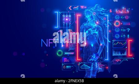 NFT-Token in Bildmaterial. Blockchain-Technologie in digitaler Krypto-Kunst, Computer-Illustration, Design. ERC20 von Sammlerstücken erstellen. Investitionen in Stock Vektor