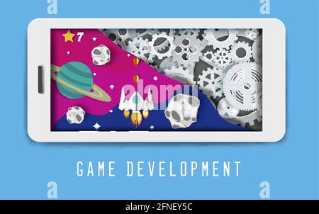 Raum mobile Spiel Entwicklung Banner-Vorlage, Vektor-Illustration Stock Vektor