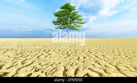 Konzept oder konzeptuelle Wüstenlandschaft mit einem grünen Baum als Metapher für globale Erwärmung und Klimawandel. Eine Warnung für die Notwendigkeit, unsere en zu schützen Stockfoto