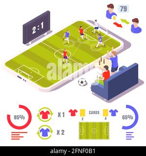 Online-Fußball-Spiel, Vektor isometrische Illustration. Smartphone, Fans beobachten Fußballspiel auf dem Sofa sitzen. Stock Vektor