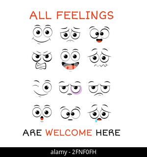 Alle Gefühle sind hier willkommen. Vektor-Banner mit Affirmation für Kinder Spielzimmer. Niedliche inspirierende Karte mit Emojis und Schriftzug. Motivierendes Zitat Stock Vektor