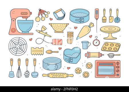 Ein Set von Werkzeugen für die Herstellung von Kuchen, Keksen und Gebäck. Doodle Süßwaren Werkzeuge - planetarische stationäre Teigmischer, Backformen und Gebäckbeutel. Hand Stock Vektor