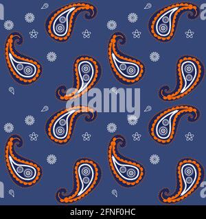 Traditionelles indisches Muster bekannt als Paisley in nahtloser mit voller Farbe, orange Füllung, weiße Füllung und Linie, blauer Hintergrund. Stock Vektor