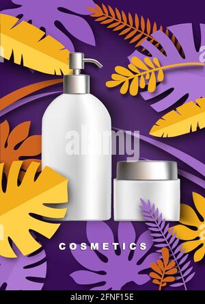 Kosmetische Flaschen mockup, Papier geschnitten tropischen Pflanzen Blätter, Vektor-Illustration. Beauty Hautpflege Produkt Anzeigen Vorlage. Stock Vektor